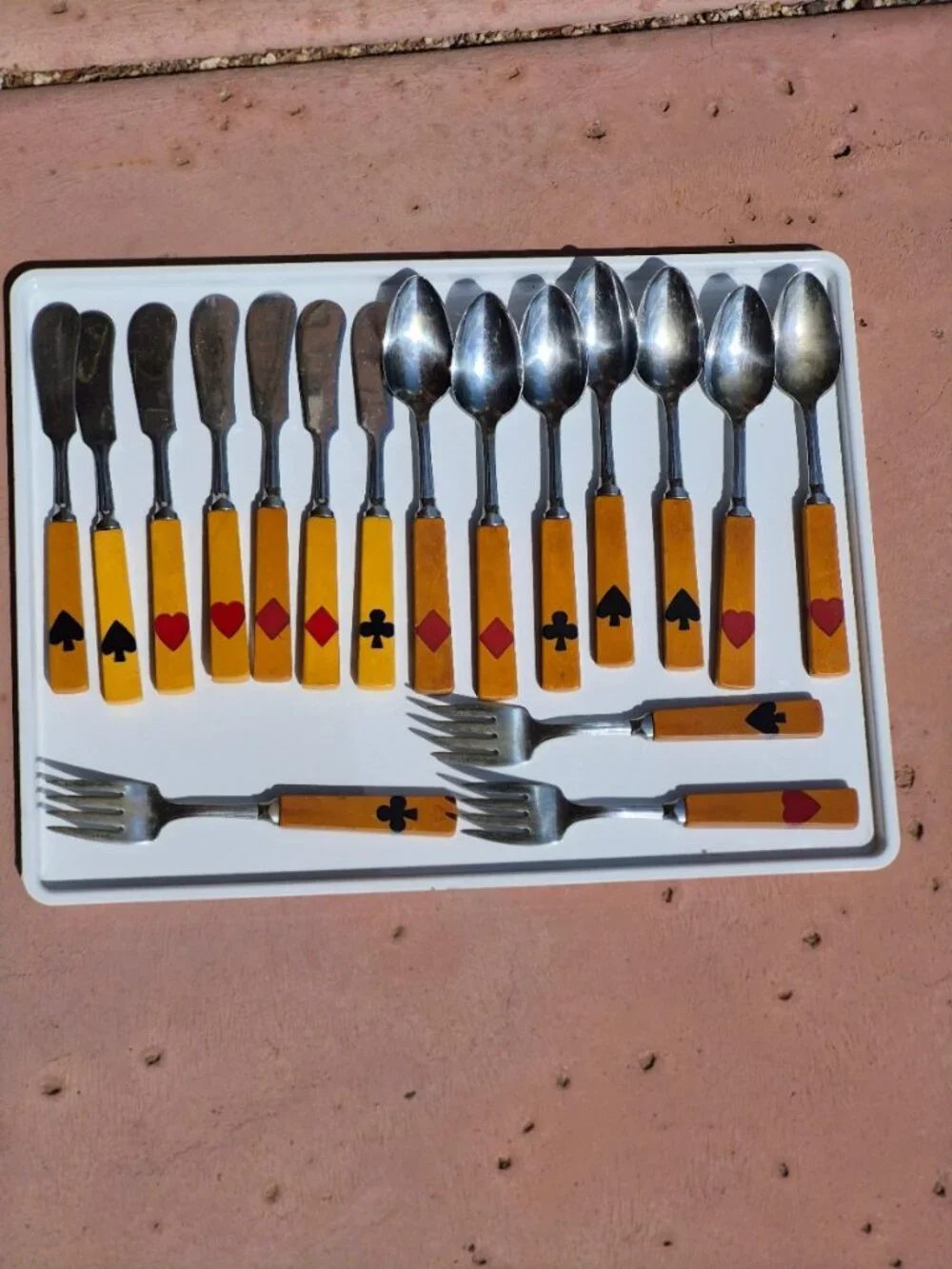 Art Deco Bakelite Flatware Inlaid Playing Card Suits 3 forks, 7 knives 7 spoons